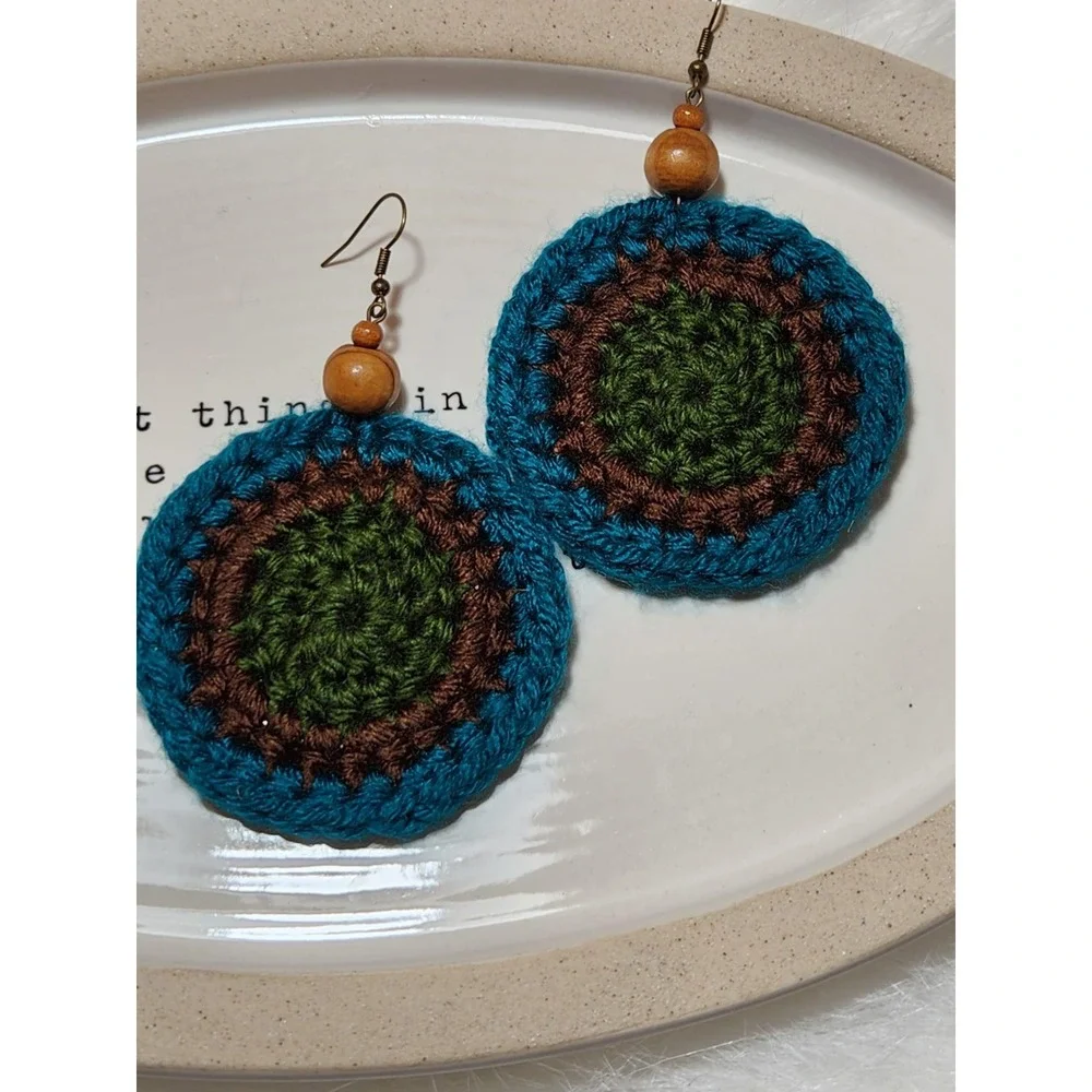 Round Crochet Earrings: Island Green Acrylic Yarn‎ with Wood Beads